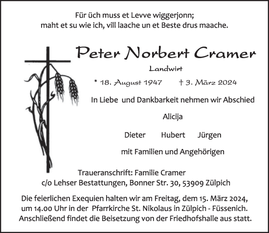 Traueranzeige von Peter Cramer von WochenSpiegel