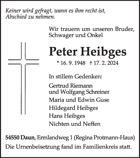 Traueranzeige von Peter Heibges von WochenSpiegel