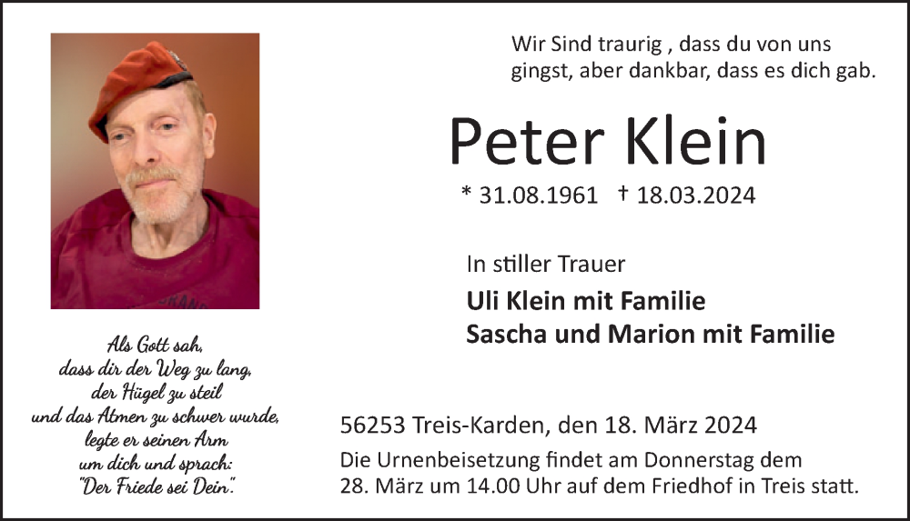  Traueranzeige für Peter Klein vom 27.03.2024 aus WochenSpiegel