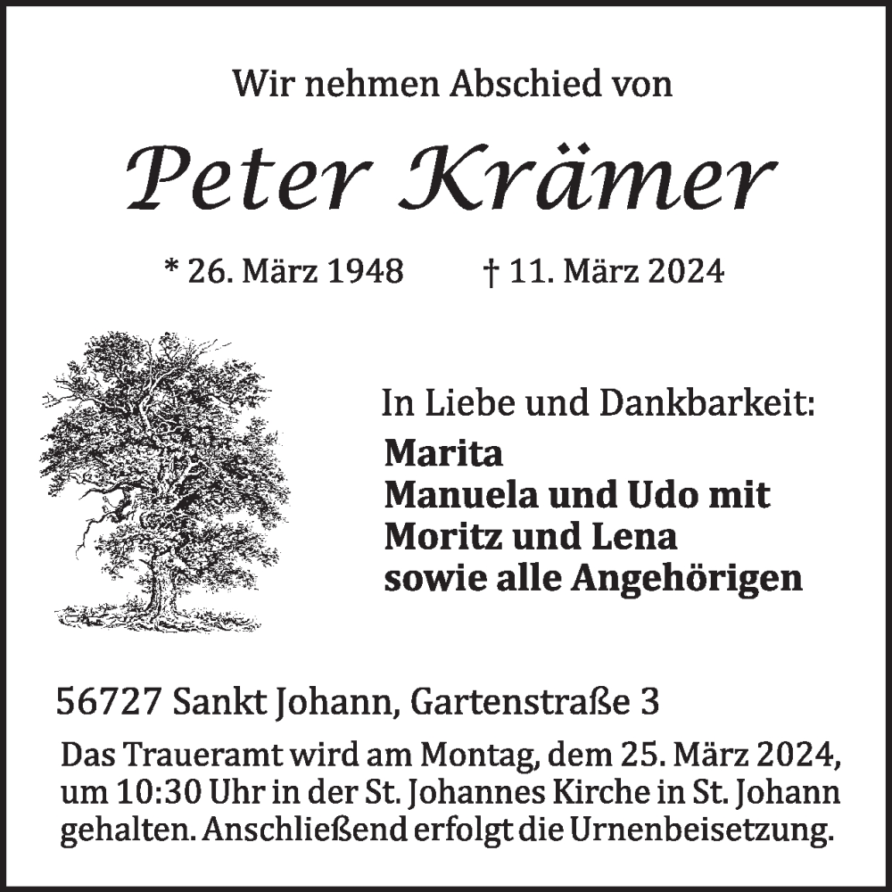  Traueranzeige für Peter Krämer vom 20.03.2024 aus WochenSpiegel