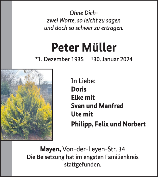 Traueranzeige von Peter Müller von WochenSpiegel