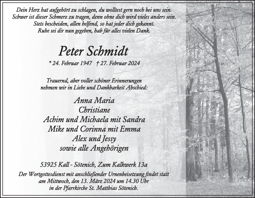  Traueranzeige für Peter Schmidt vom 06.03.2024 aus WochenSpiegel