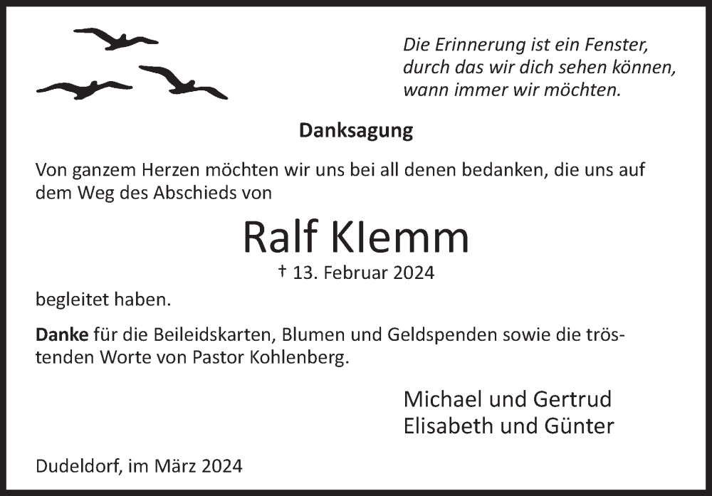  Traueranzeige für Ralf Klemm vom 29.03.2024 aus WochenSpiegel
