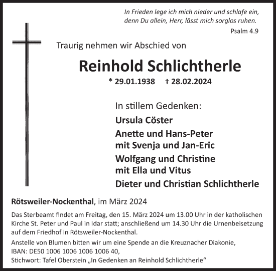 Traueranzeige von Reinhold Schlichtherle von WochenSpiegel