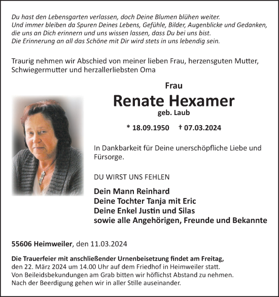 Traueranzeige von Renate Hexamer von WochenSpiegel