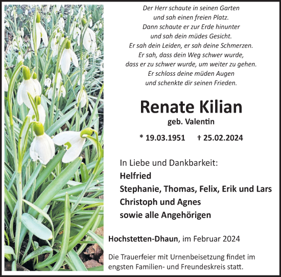 Traueranzeige von Renate Kilian von WochenSpiegel