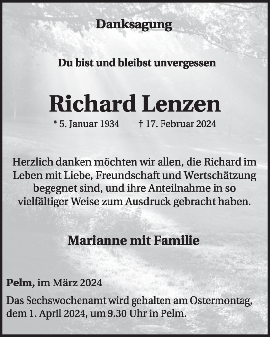 Traueranzeige von Richard Lenzen von WochenSpiegel