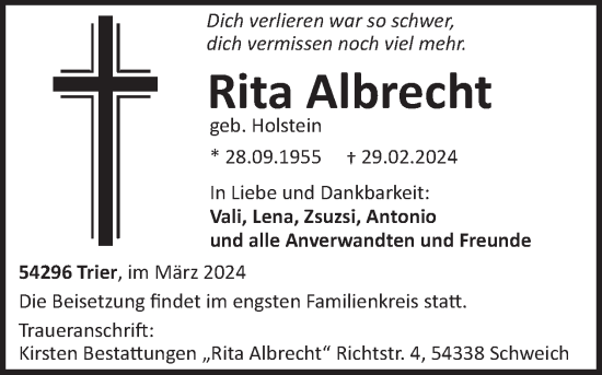 Traueranzeige von Rita Albrecht von WochenSpiegel