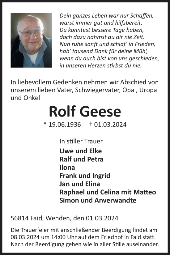 Traueranzeige von Rolf Geese von WochenSpiegel