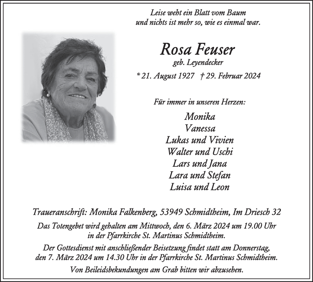  Traueranzeige für Rosa Feuser vom 06.03.2024 aus WochenSpiegel