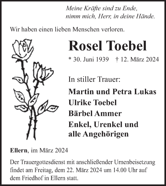Traueranzeige von Rosel Toebel von WochenSpiegel