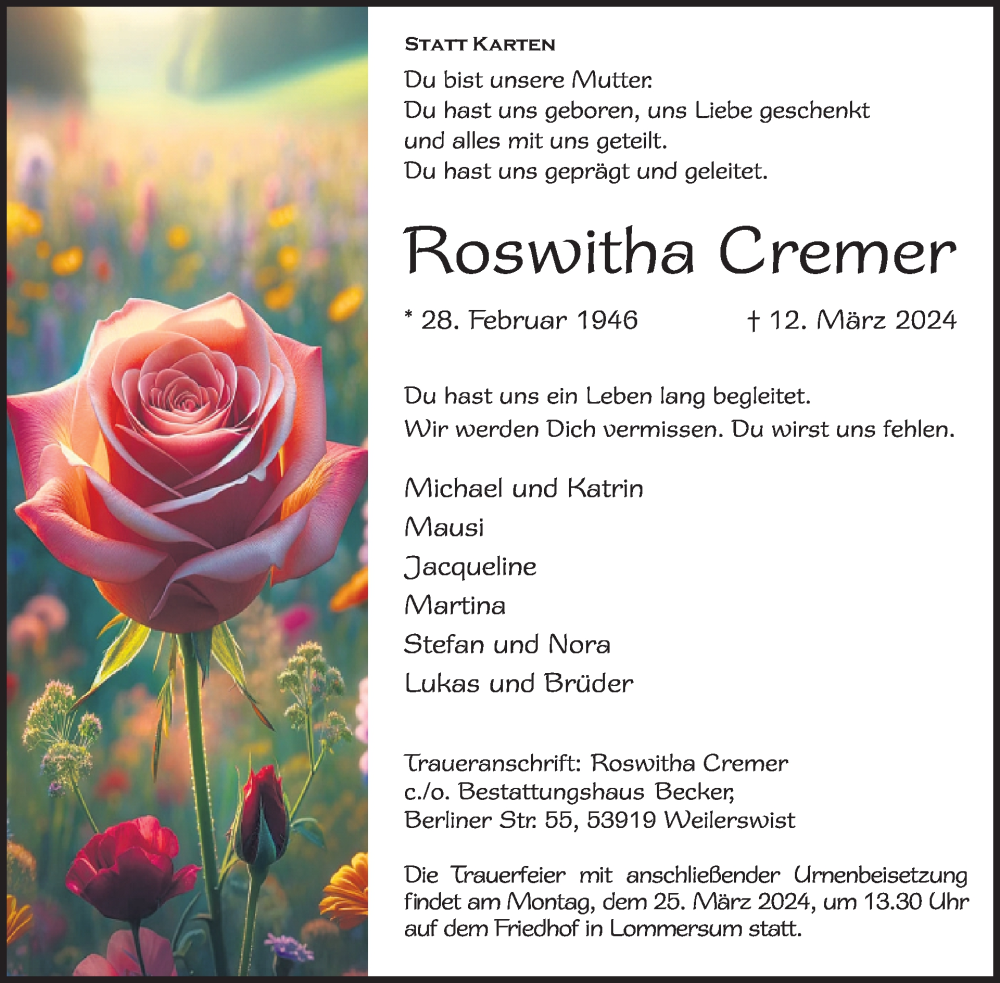  Traueranzeige für Roswitha Cremer vom 20.03.2024 aus WochenSpiegel