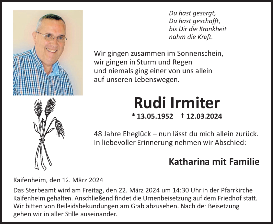 Traueranzeige von Rudi Irmiter von WochenSpiegel