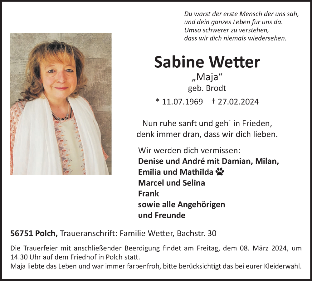  Traueranzeige für Sabine Wetter vom 06.03.2024 aus WochenSpiegel