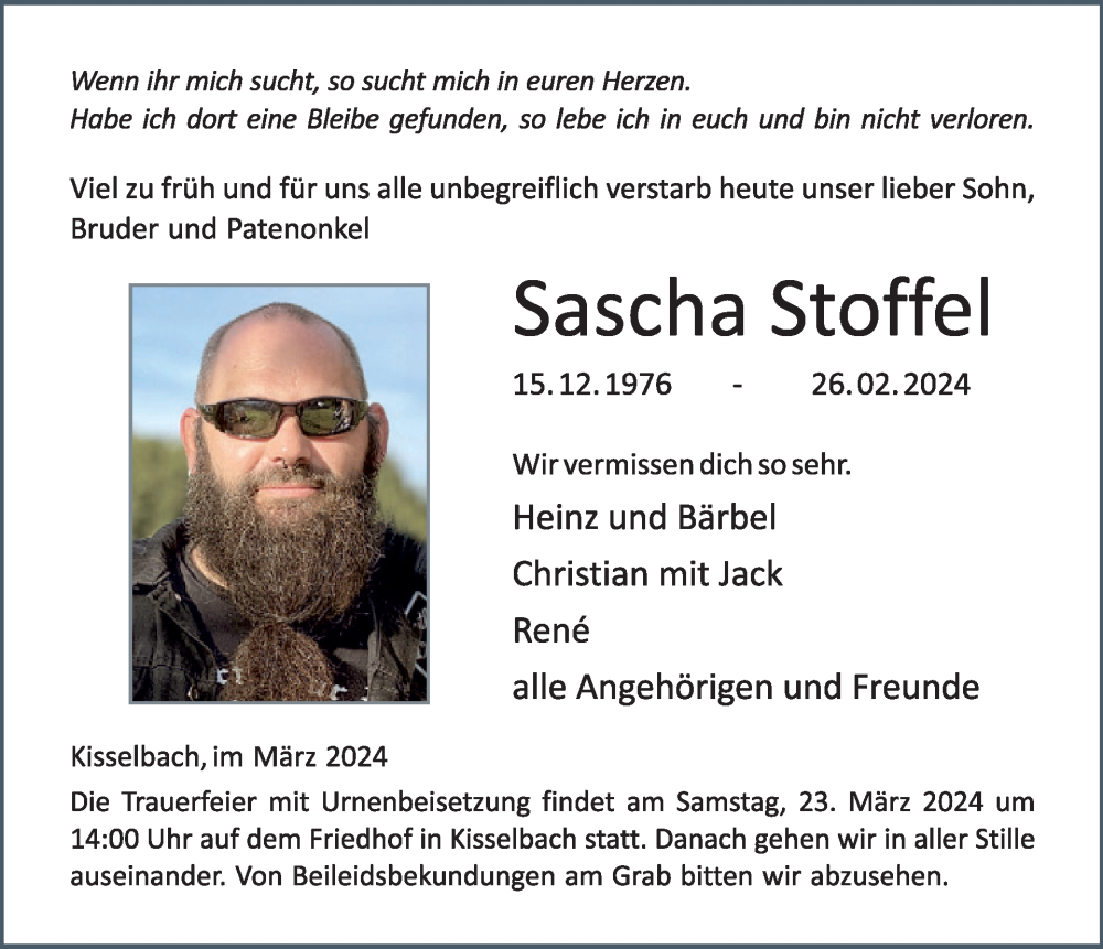  Traueranzeige für Sascha Stoffel vom 16.03.2024 aus WochenSpiegel