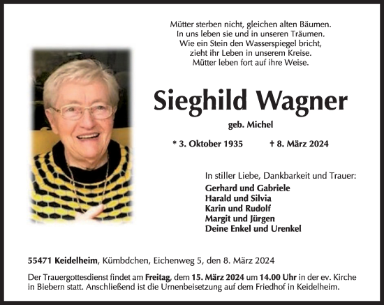 Traueranzeige von Sieghild Wagner von WochenSpiegel