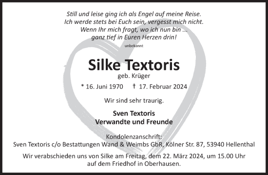 Traueranzeige von Silke Textoris von WochenSpiegel