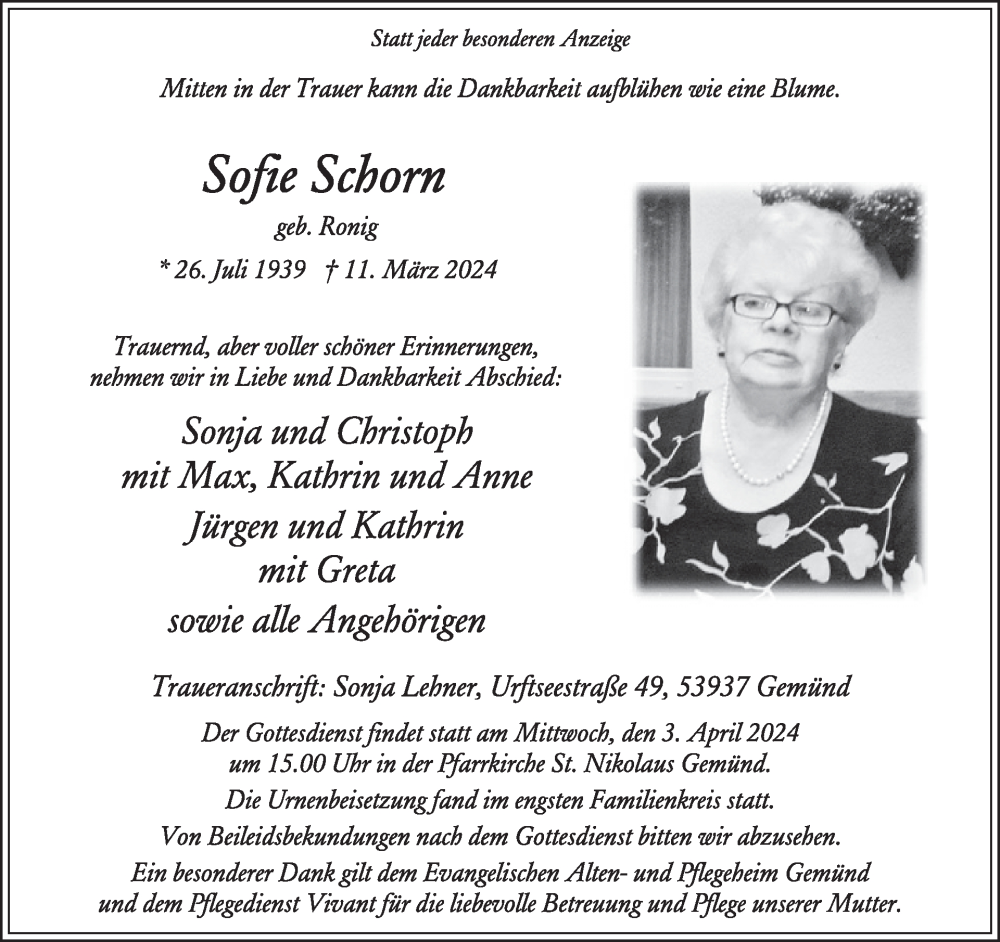  Traueranzeige für Sofie Schorn vom 20.03.2024 aus WochenSpiegel