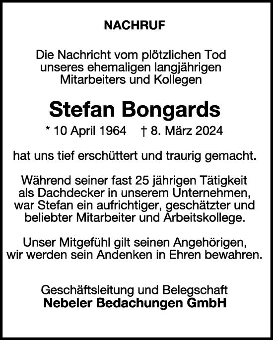 Traueranzeige von Stefan Bongards von WochenSpiegel