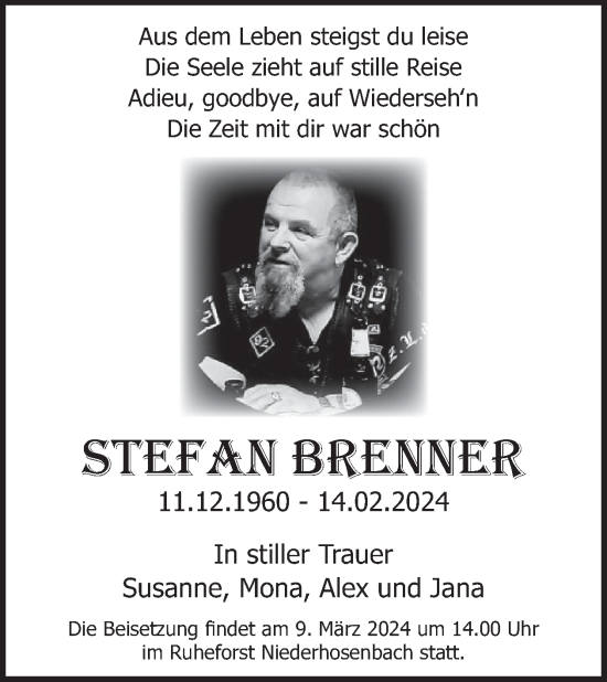 Traueranzeige von Stefan Brenner von WochenSpiegel