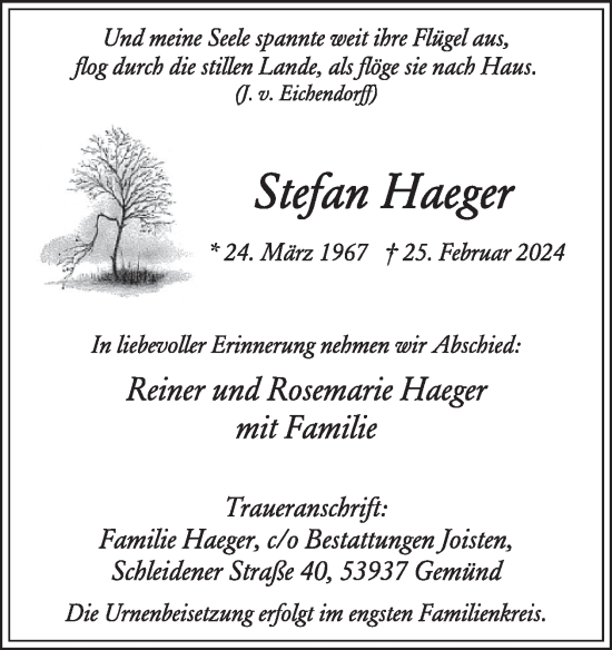 Traueranzeige von Stefan Haeger von WochenSpiegel