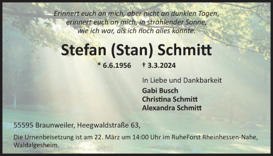 Traueranzeige von Stefan Stan Schmitt von WochenSpiegel
