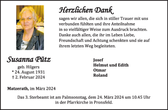 Traueranzeige von Susanna Pütz von WochenSpiegel