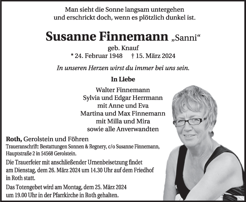  Traueranzeige für Susanne Finnemann vom 23.03.2024 aus WochenSpiegel