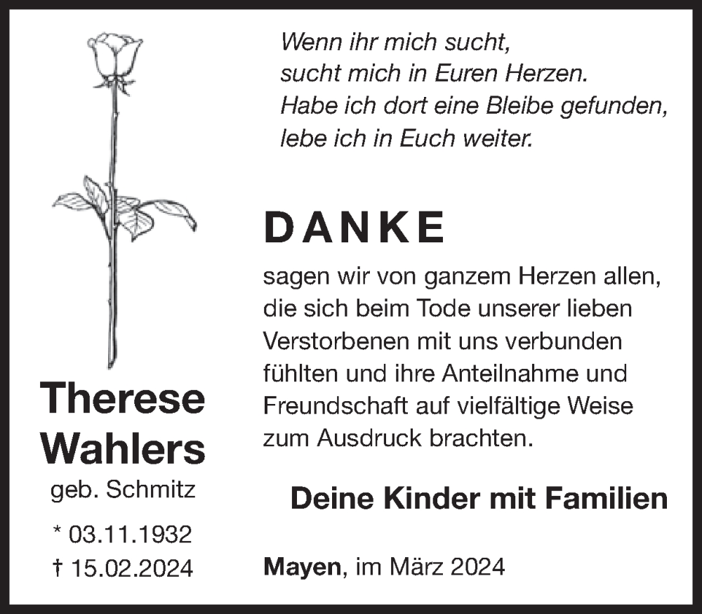  Traueranzeige für Therese Wahlers vom 13.03.2024 aus WochenSpiegel