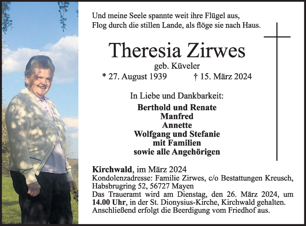  Traueranzeige für Theresia Zirwes vom 20.03.2024 aus WochenSpiegel