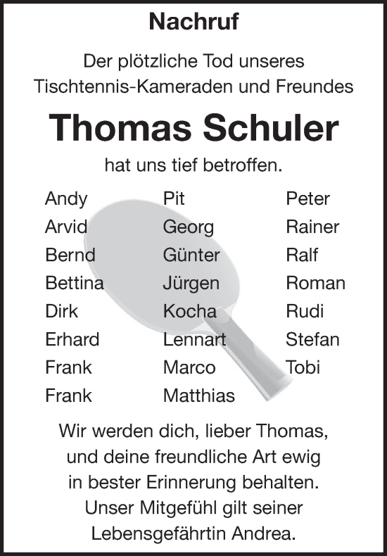 Traueranzeige von Thomas Schuler von WochenSpiegel