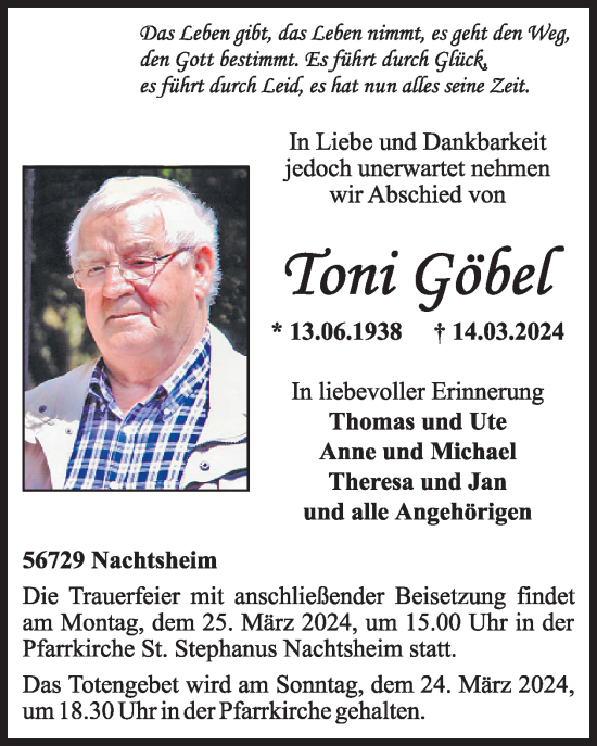 Traueranzeige von Toni Göbel von WochenSpiegel