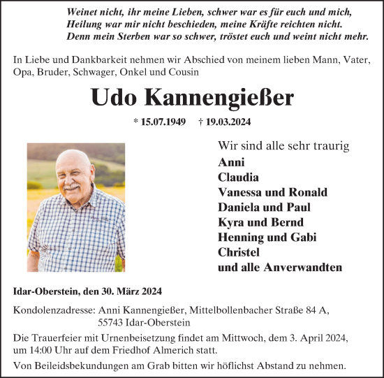 Traueranzeige von Udo Kannengießer von WochenSpiegel
