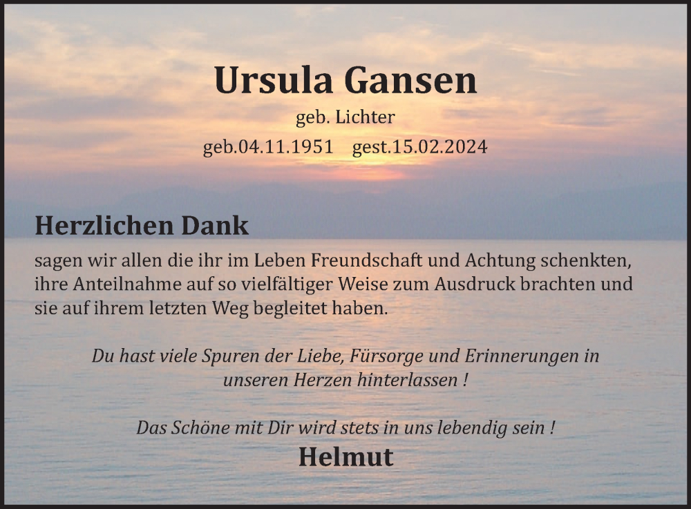  Traueranzeige für Ursula Gansen vom 29.03.2024 aus WochenSpiegel