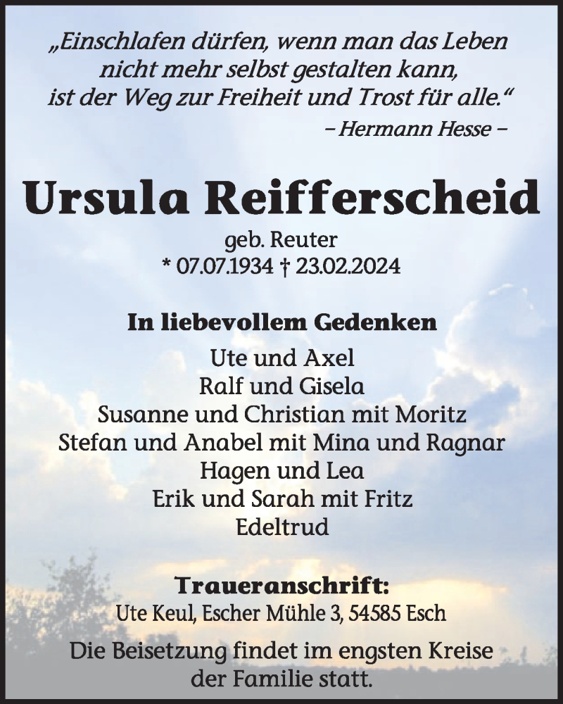  Traueranzeige für Ursula Reifferscheid vom 02.03.2024 aus WochenSpiegel