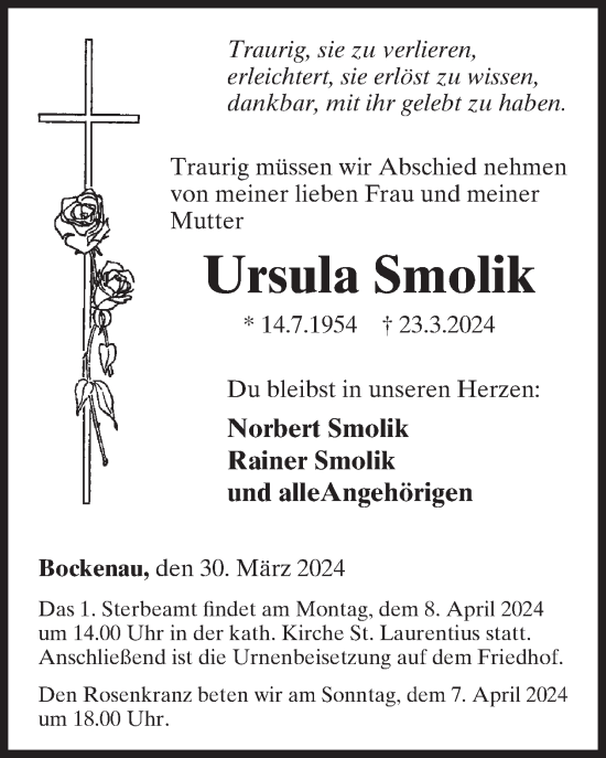 Traueranzeige von Ursula Smolik von WochenSpiegel
