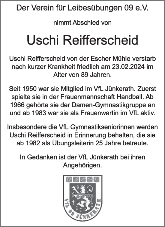 Traueranzeige von Uschi Reifferscheid von WochenSpiegel