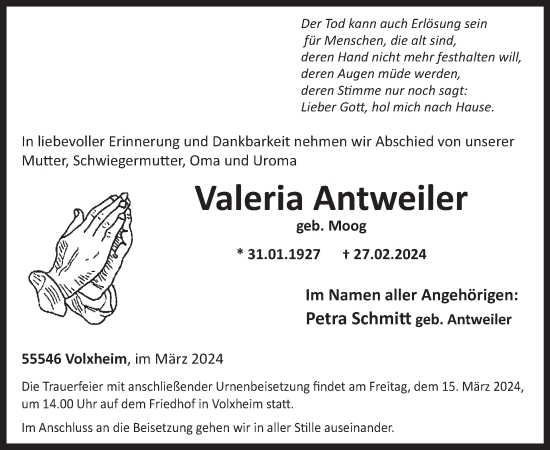 Traueranzeige von Valeria Antweiler von WochenSpiegel