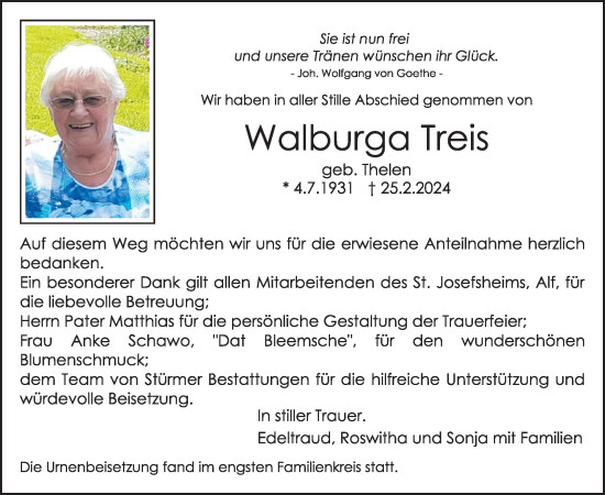 Traueranzeige von Walburga Treis von WochenSpiegel