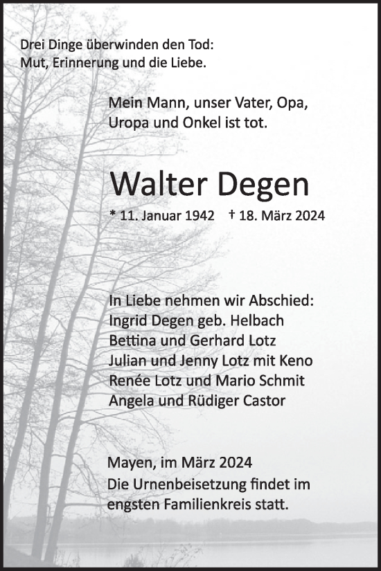 Traueranzeige von Walter Degen von WochenSpiegel