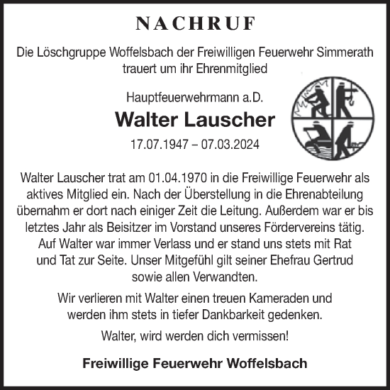 Traueranzeige von Walter Lauscher von WochenSpiegel