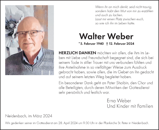 Traueranzeige von Walter Weber von WochenSpiegel