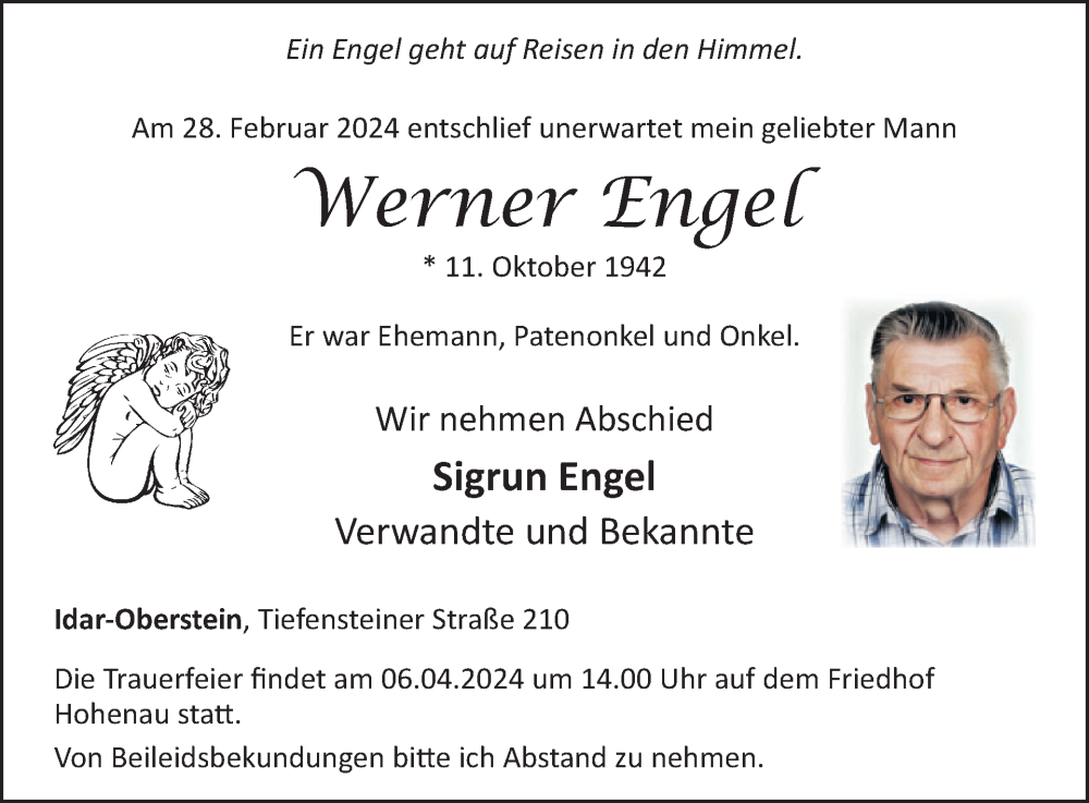  Traueranzeige für Werner Engel vom 16.03.2024 aus WochenSpiegel