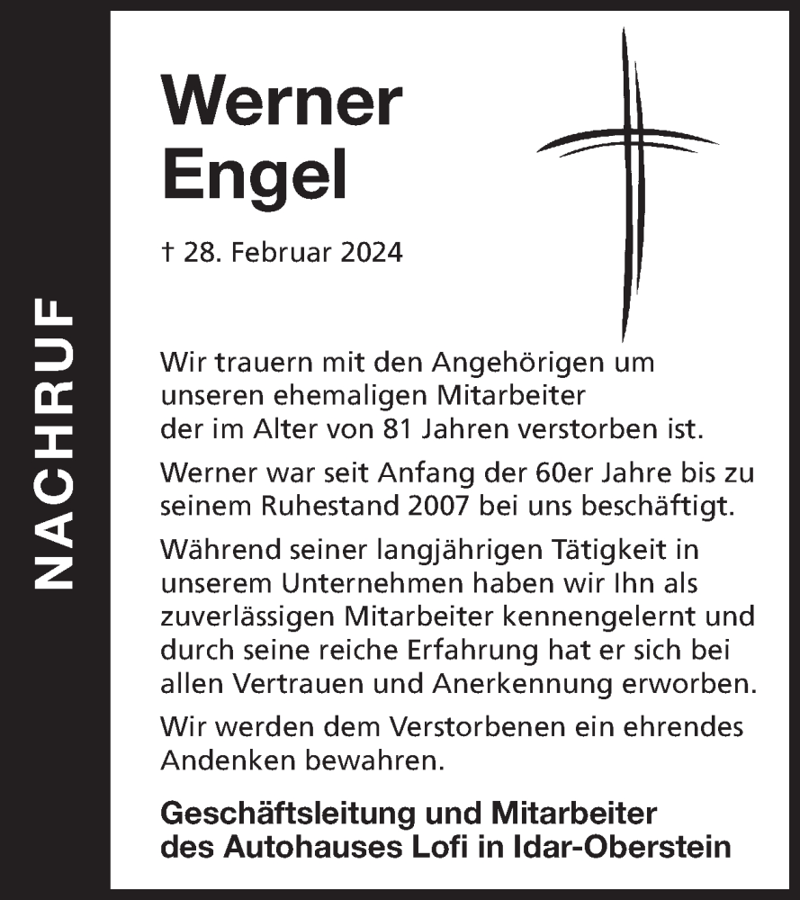  Traueranzeige für Werner Engel vom 30.03.2024 aus WochenSpiegel