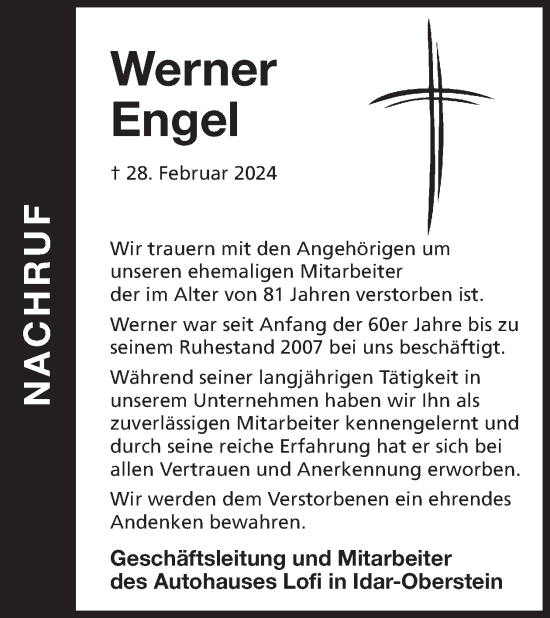 Traueranzeige von Werner Engel von WochenSpiegel