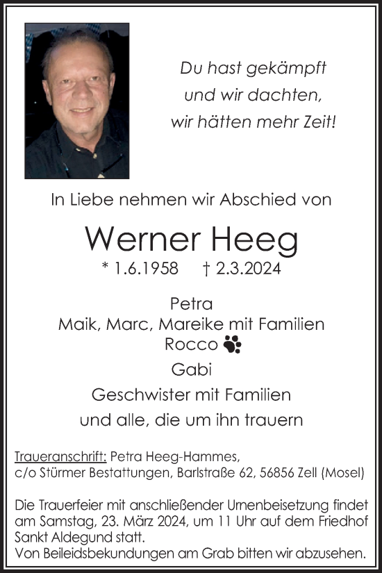Traueranzeige von Werner Heeg von WochenSpiegel
