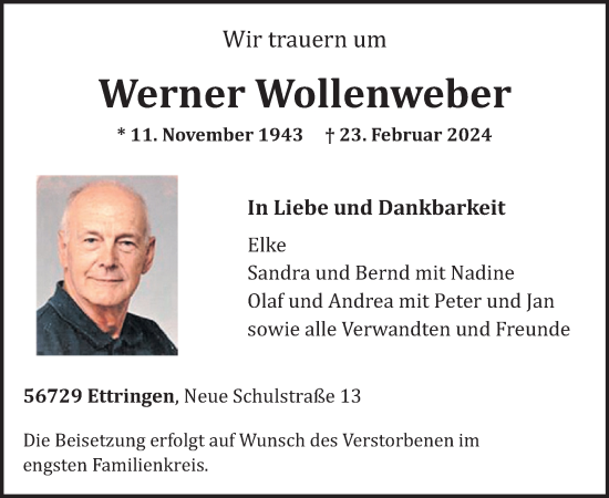 Traueranzeige von Werner Wollenweber von WochenSpiegel