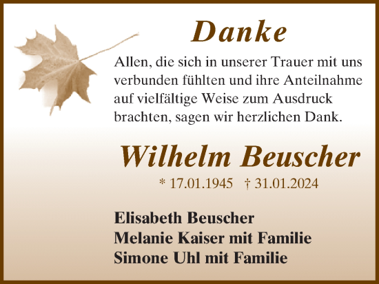 Traueranzeige von Wilhelm Beuscher von WochenSpiegel
