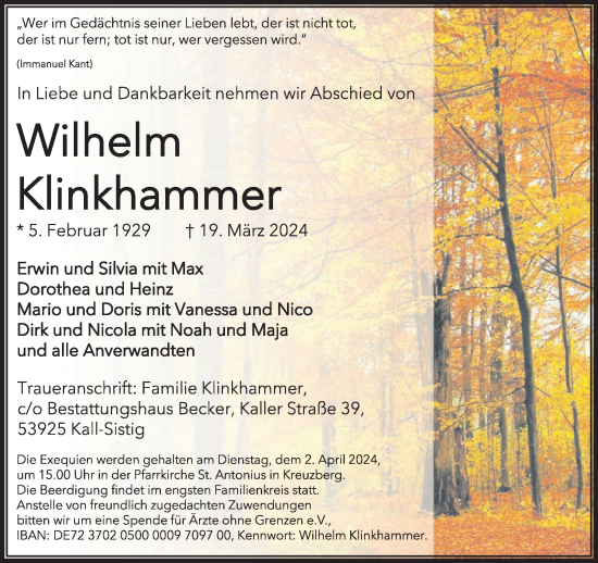 Traueranzeige von Wilhelm Klinkhammer von WochenSpiegel