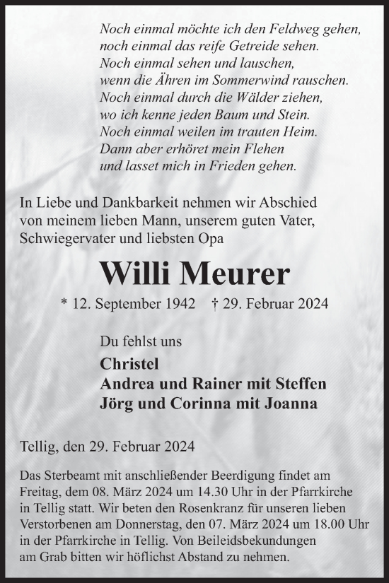 Traueranzeige von Willi Meurer von WochenSpiegel